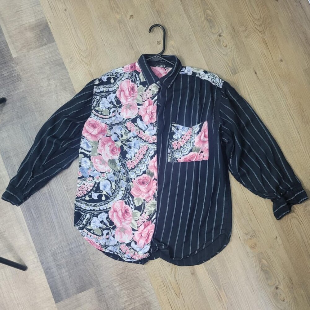 Vintage Tony France pattern block button up shirt with 3/4 sleeves - Size Large